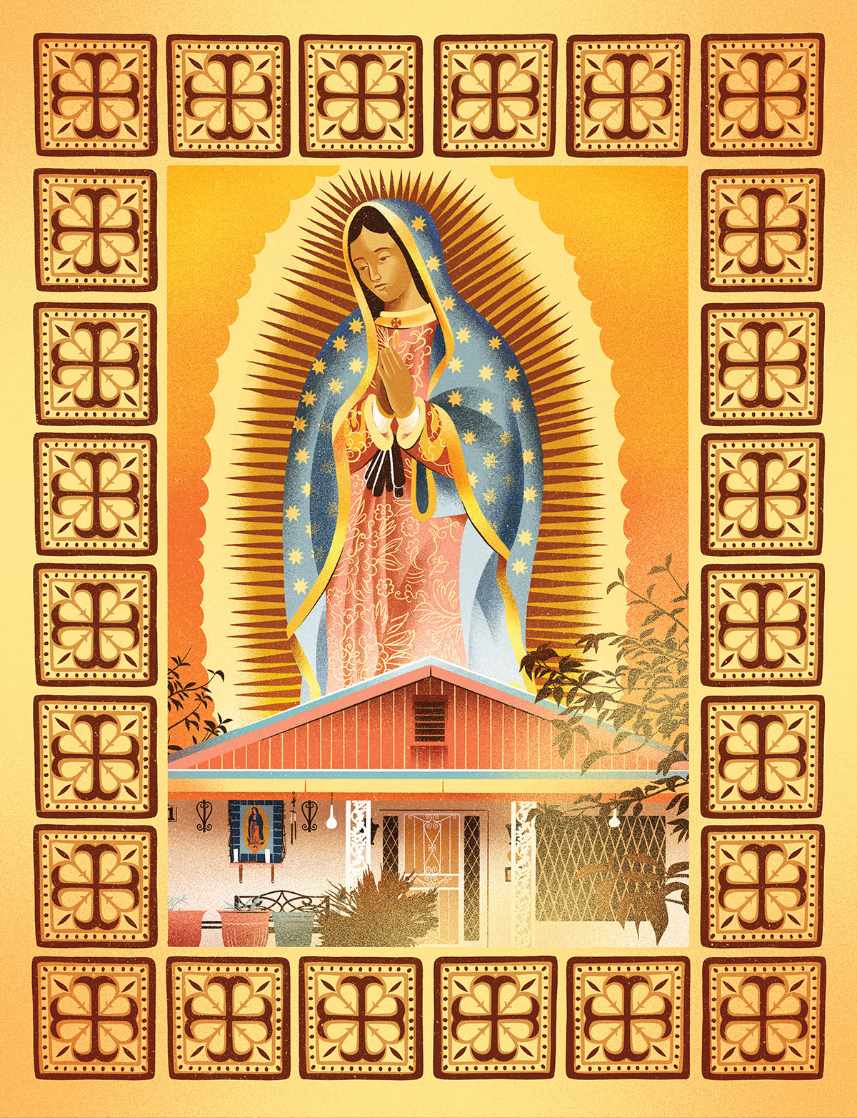 An illustration of a religious figure surrounded by intracate gold detail 