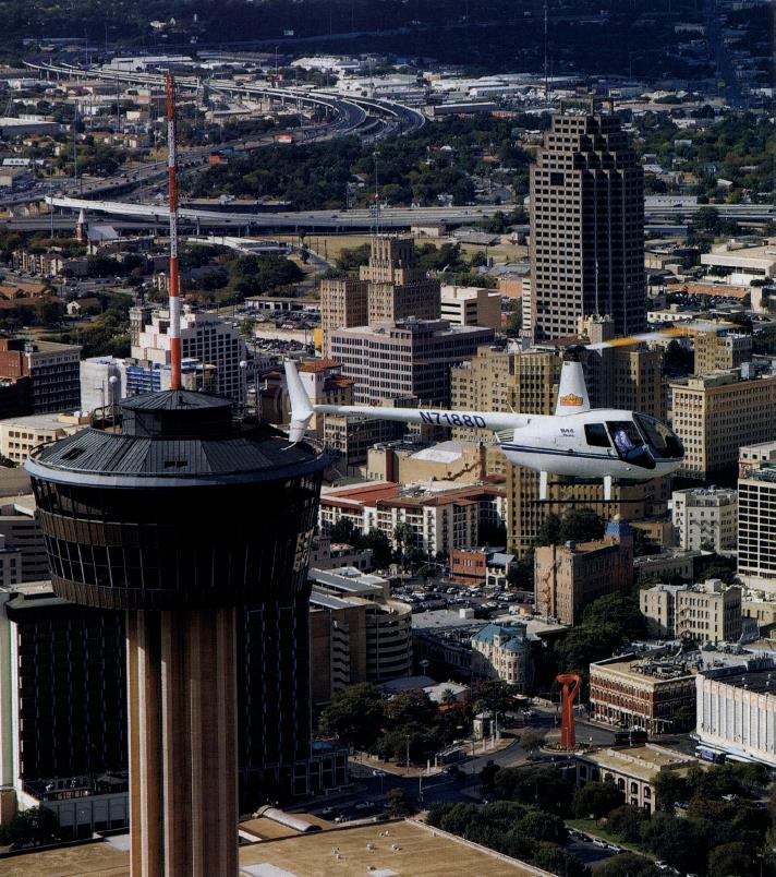view of buildings from helicopter over San Antonio