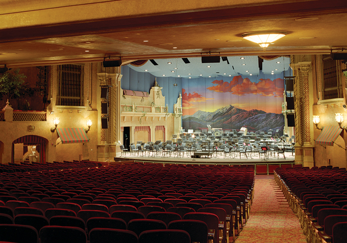 The interior of the Plaza Theatre with the stage set for an orchestra