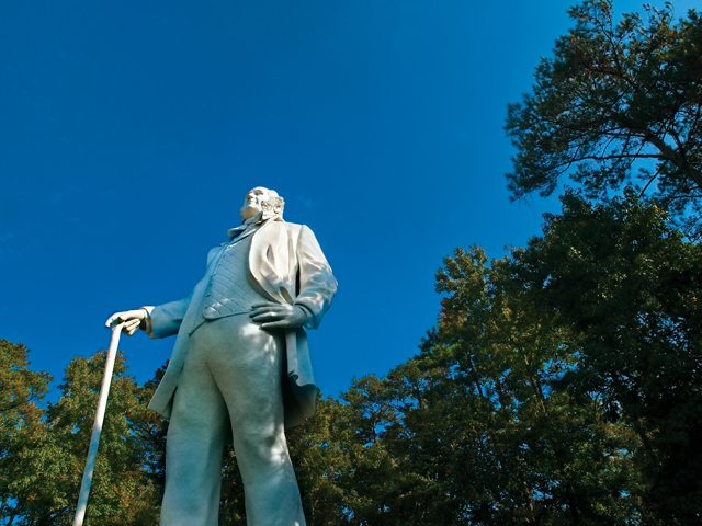 Large legacy. Big Sam. Sculptor David Adickes' collosal statue of Sam Houston greets travelers to Hunstville from miles away on Interstate 45. An attractive, helpful visitor center is at its base. (Photo by Skeeter Hagler)