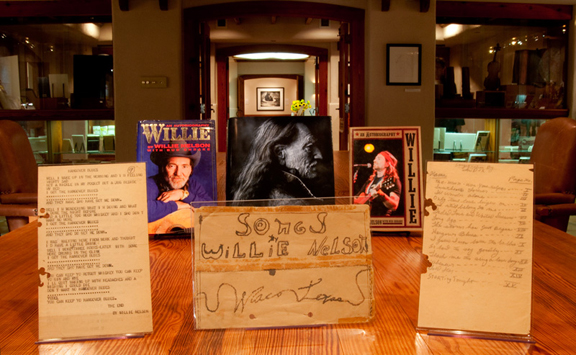 The Texas Music Collection currently displays a songbook that Willie Nelson created when he was 11 years old. (Photo by Kevin Stillman)