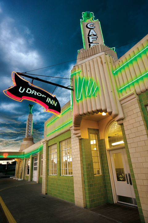 Built in 1936 and restored in 2002, Shamrock’s Tower Conoco Station and U-Drop Inn now serves as a visitor’s center. On Thursday nights during the summer, the landmark hosts live music. (Photo by J. Griffis Smith)