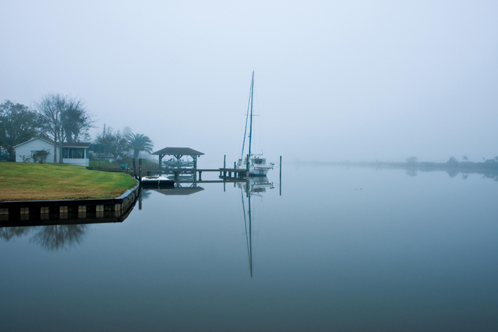 Fog covers the lower reaches of the San Bernard River near the Gulf of Mexico. (Photo by Kathy Adams Clark)