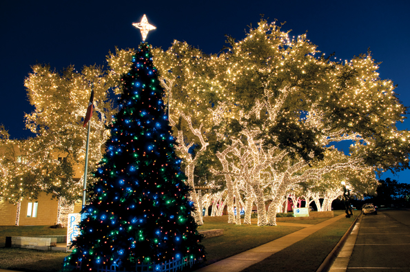 In Johnson City, the headquarters of the Pedernales Electric Cooperative enchants viewers with glittering, white lights strung from buildings and mature live oaks. (Photo by Randall Maxwell)