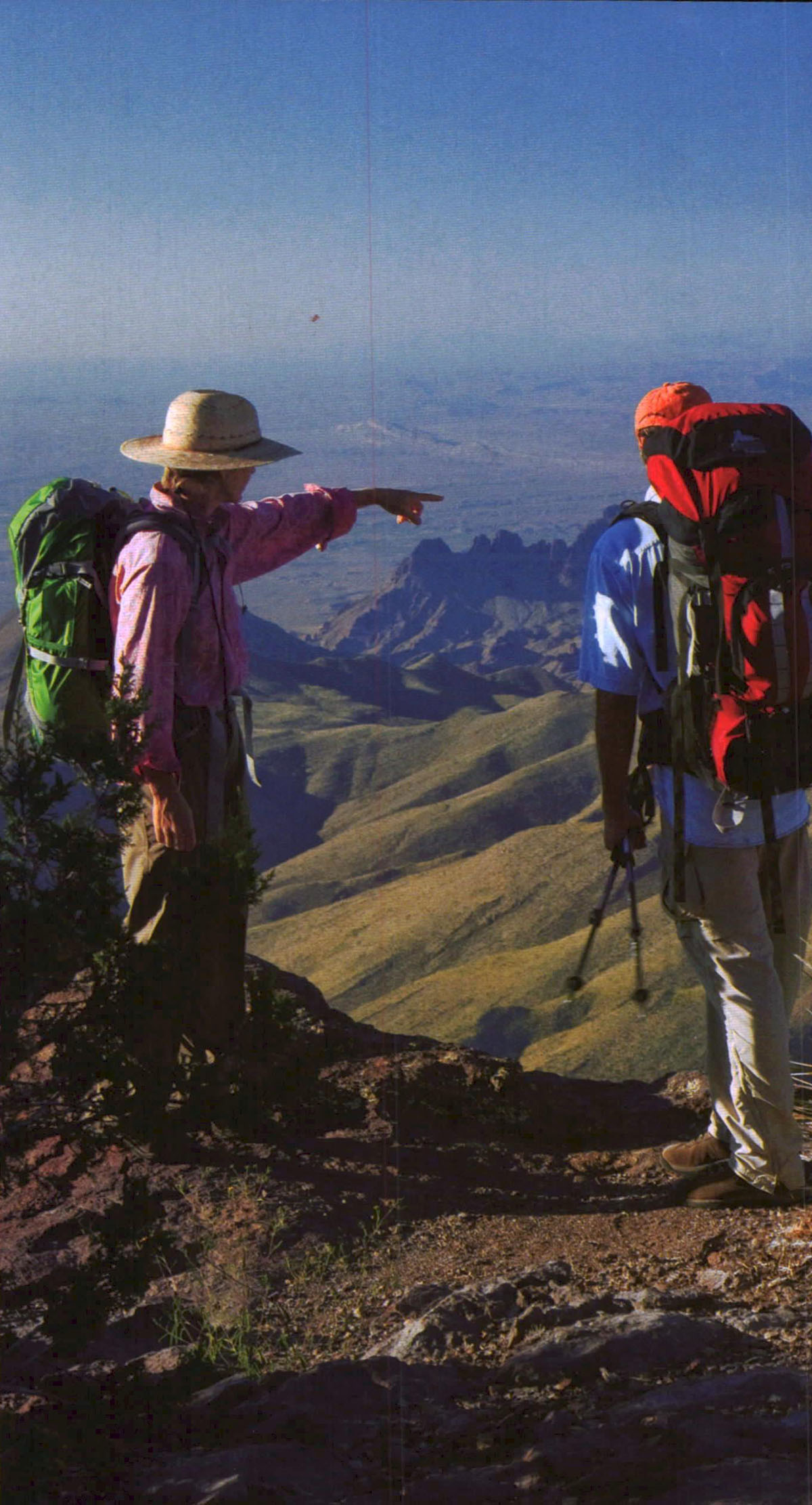 Two hikers standing at a lookout area while one points to the right