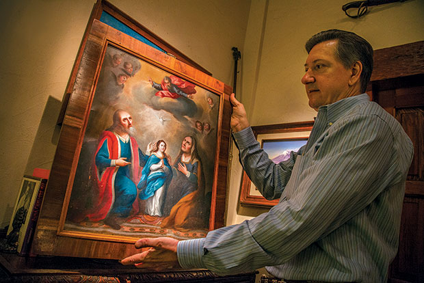 Che Guerra holds a Spanish oil-on-copper retablo at Nuevo Santander Gallery.