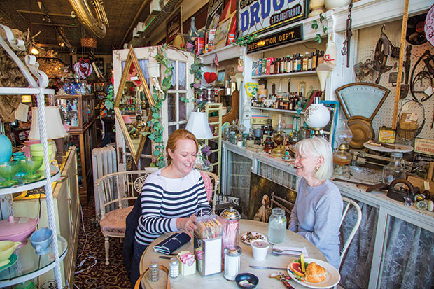 Thousands of antiques, ranging from milk-glass lamps to vintage medicine bottles, inspire lunchtime conversation. The honey for sale at Nostalgia comes from a local beekeeper.