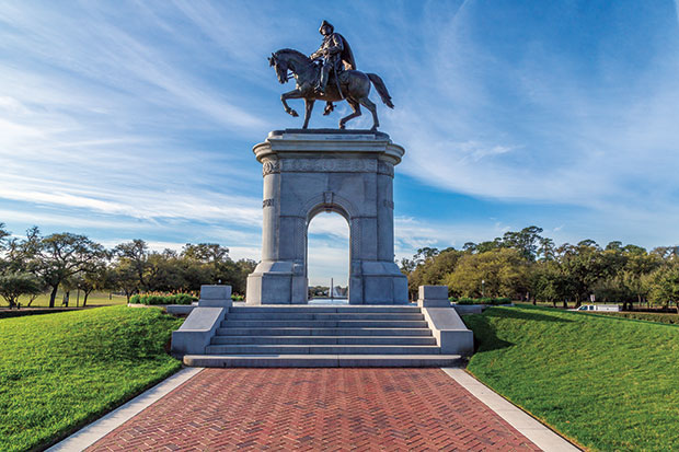 The bronze Sam Houston Monument, created in 1925, stands at the head of a reflecting pool at the park’s main entrance. You’ll encounter another water feature at the main entrance to Centennial Gardens. 