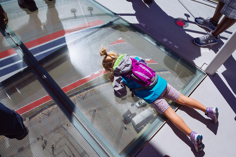 The COTA observation tower features transparent floor panels much to the delight of this little race fan.