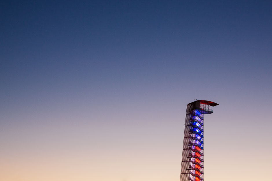 The Circuit of the Americas observation tower at sunrise on Saturday.