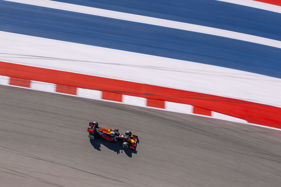 Red Bull Racing's Daniel Ricciardo as seen from the COTA observation tower.