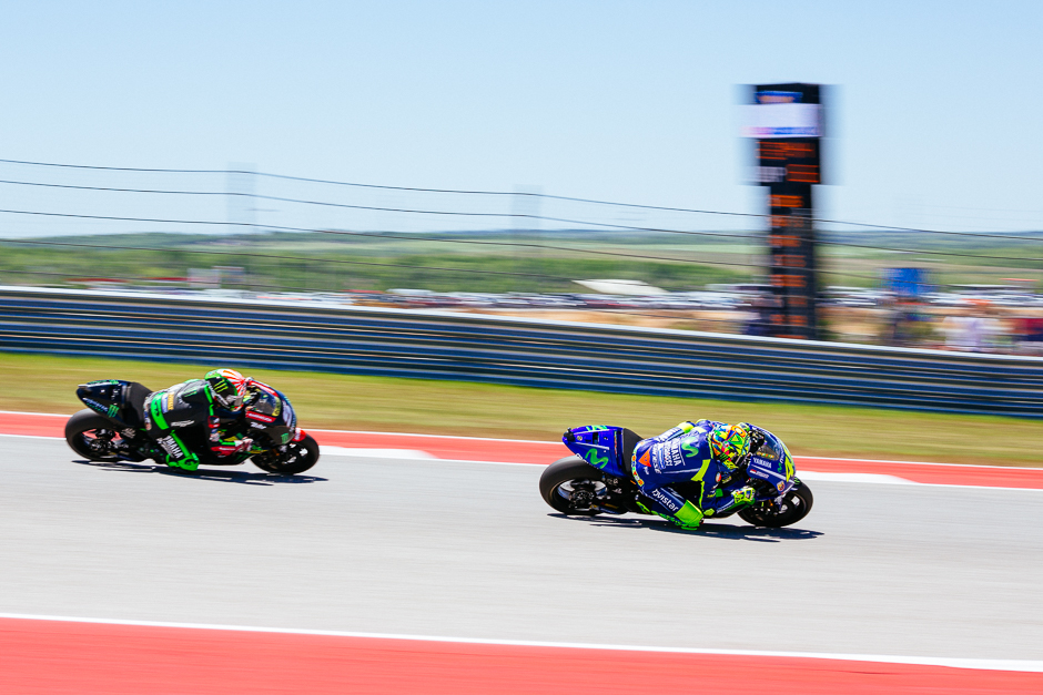 Johann Zarco trying to keep up with Valentino Rossi during the beginning of the race.