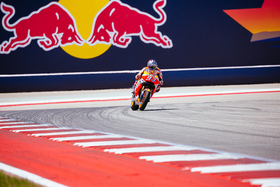 Marc Marquez about 50 yards from securing his fifth straight Grand Prix of the Americas win.