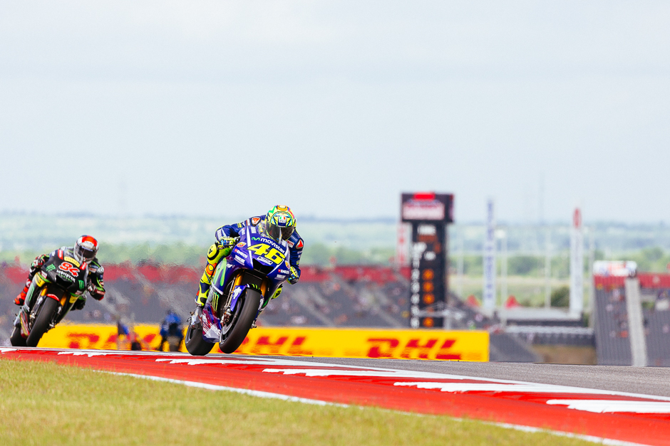 Fan favorite Valentino Rossi and Jonas Folger come around turn 10 during MotoGP practice session one.