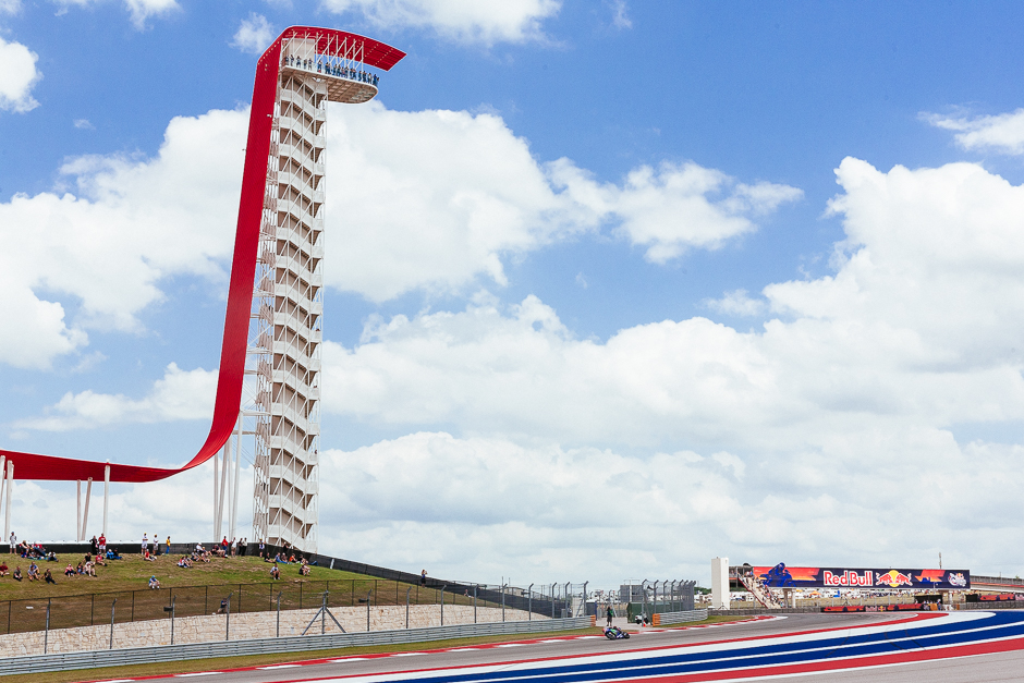 Movistar Yamaha's Maverick Vinales passes the COTA tower at turn 18 during MotoGP practice two.