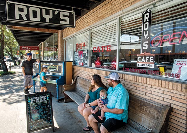 Roy’s Cafe in Corsicana serves breakfast all day, including a belt-busting option that combines scrambled eggs, hash browns, and chicken-fried steak.