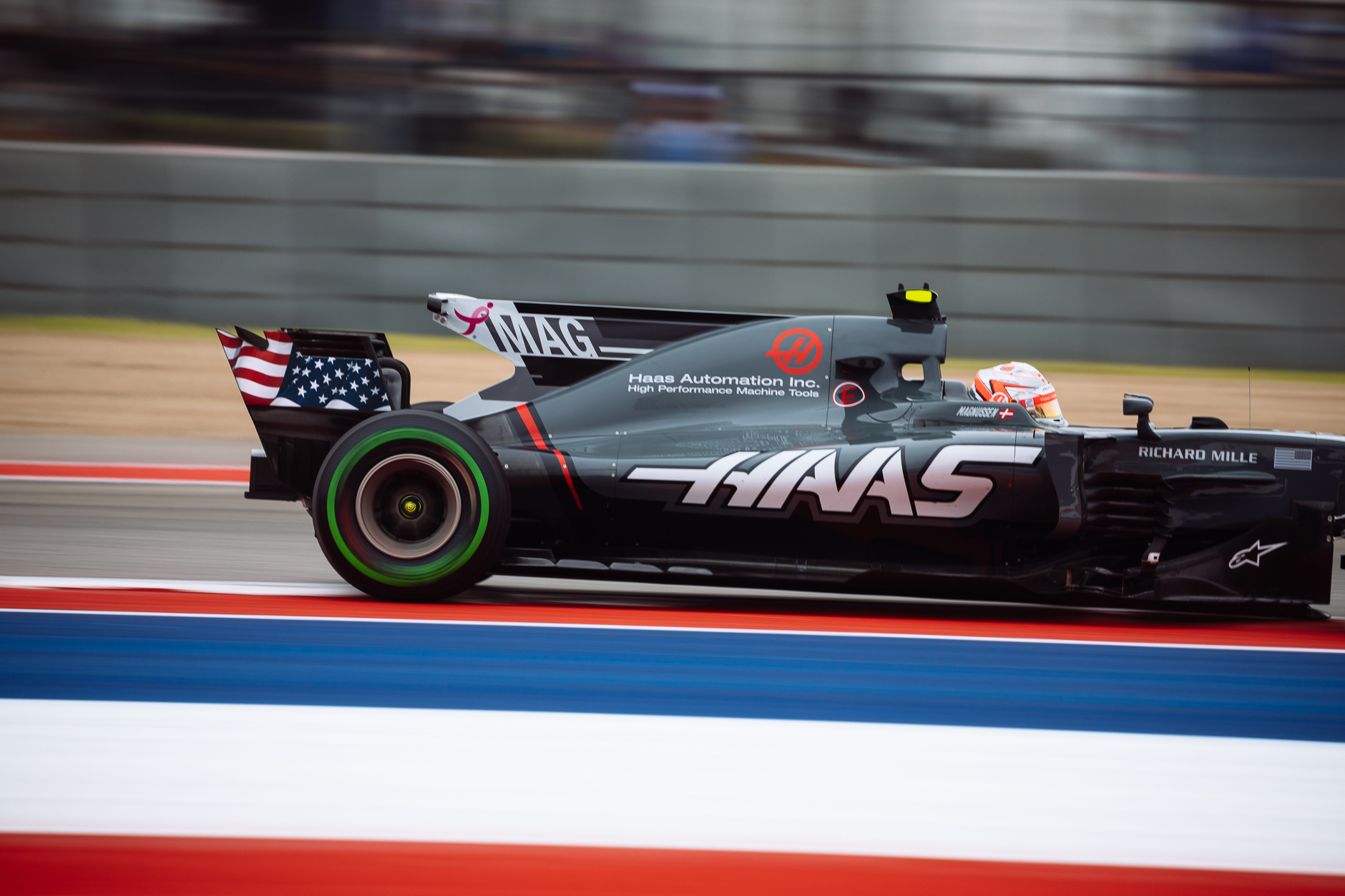 Haas F1 brought a special livery addition to the U.S. Grand Prix in the form of the stars-and-stripes on the sides of the spoiler. Haas F1 is the sole U.S. based team competing in Formula 1.