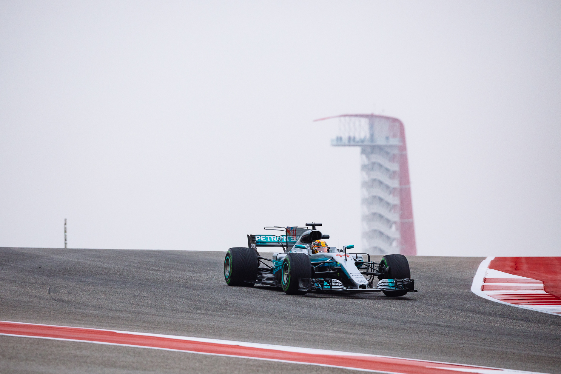 Mercedes AMG Petronas' Lewis Hamilton coming through turn 10 during FP1.