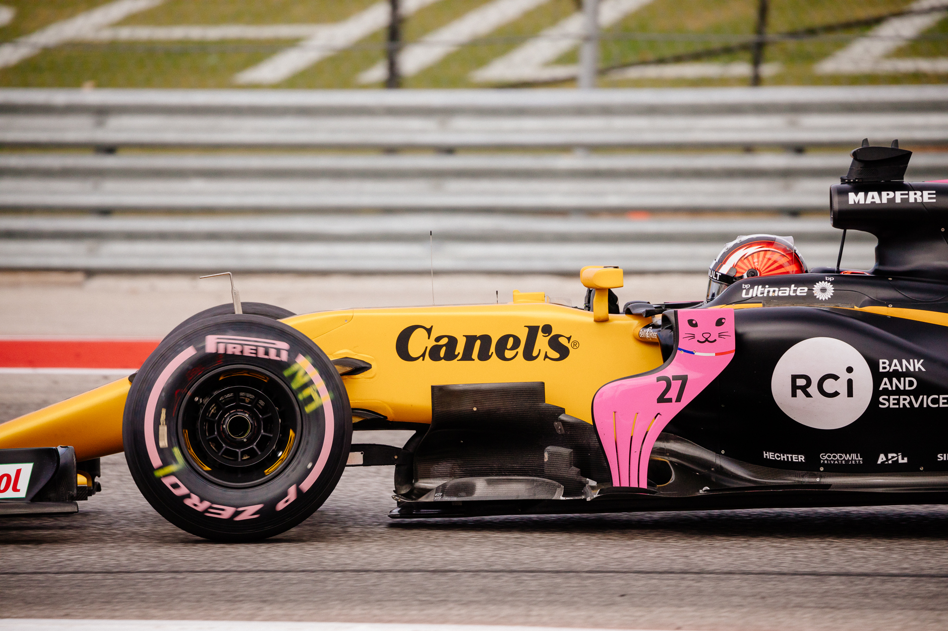 Through a partnership with the Susan G. Komen Foundation many elements of the weekend "went pink" to suppose Breast Cancer fundraising and awareness initiatives. This included some nods to the organization with special liveries, including this cute cat on the side of both Renault Sport F1 cars.