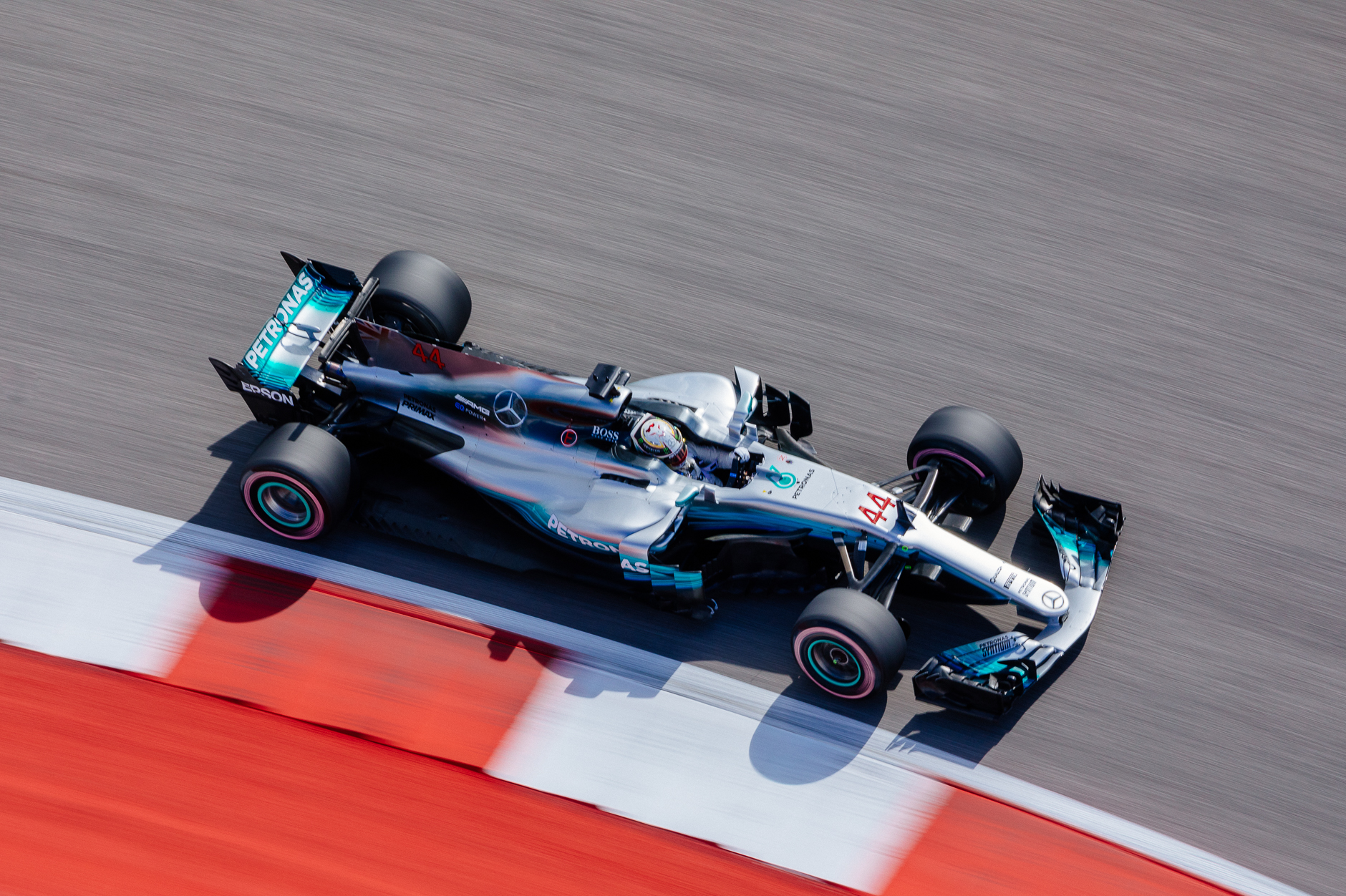 Mercedes AMG Petronas' Lewis Hamilton during FP3 as seen from the COTA observation tower.