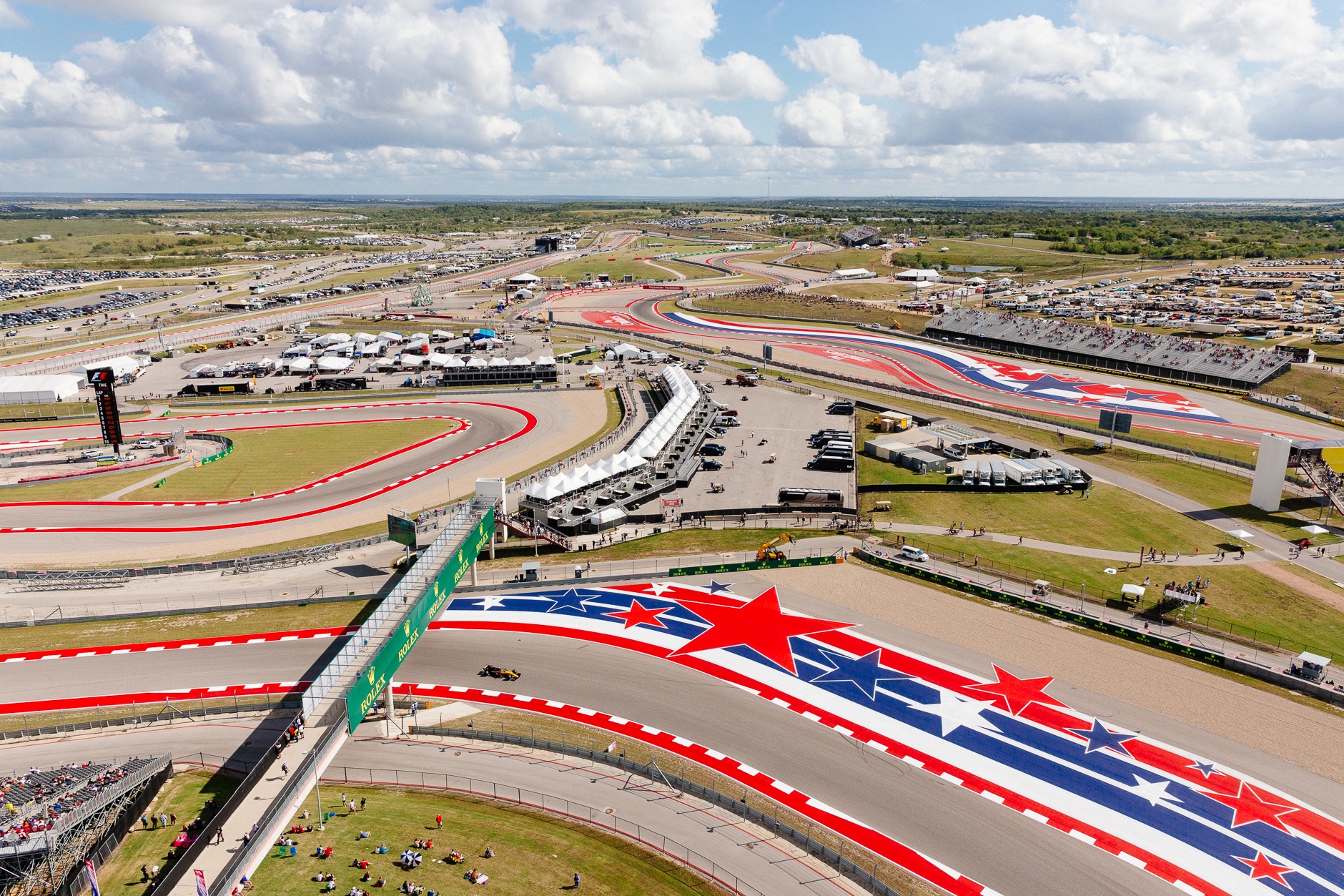 The view from the COTA observation tower facing towards the infield party zone and the super stage area. The visibility on Saturday was approximately 20 miles.