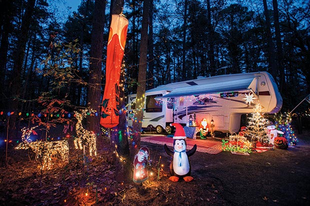 Some state parks encourage campers to decorate their sites like this one under the pines of Daingerfield State Park.