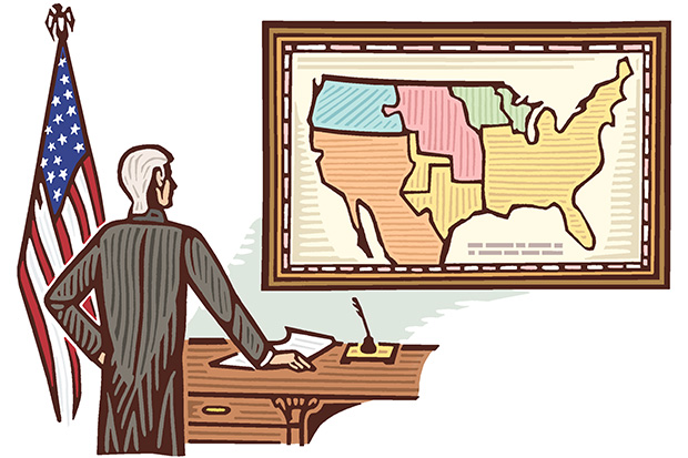 Illustration of James Polk looking at map of the United States in 1845