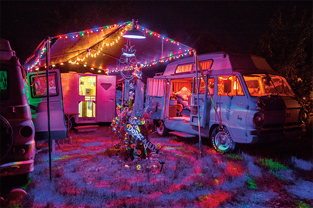 Campsite decorated in lights.