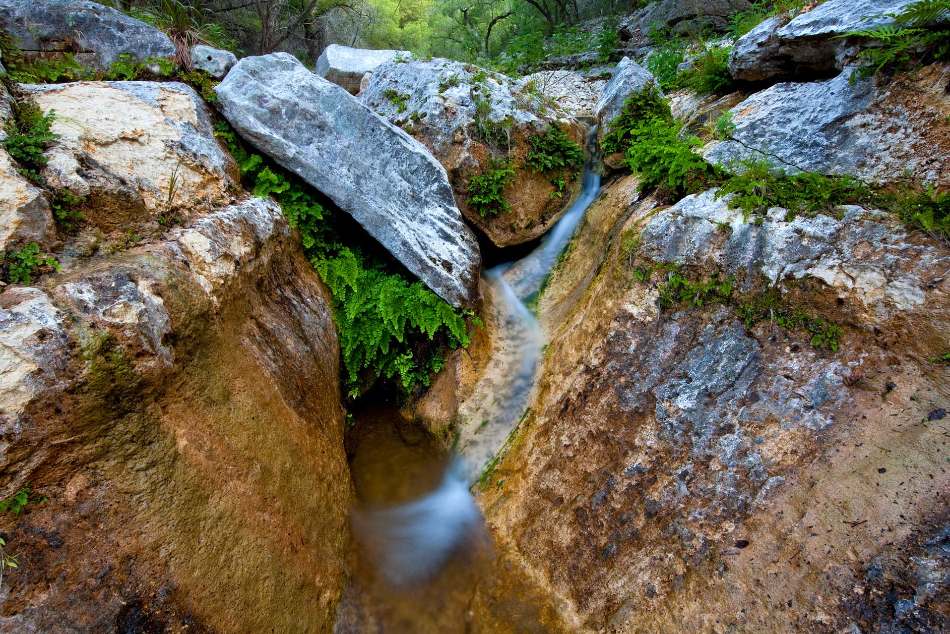 A small waterfall flows over rocks