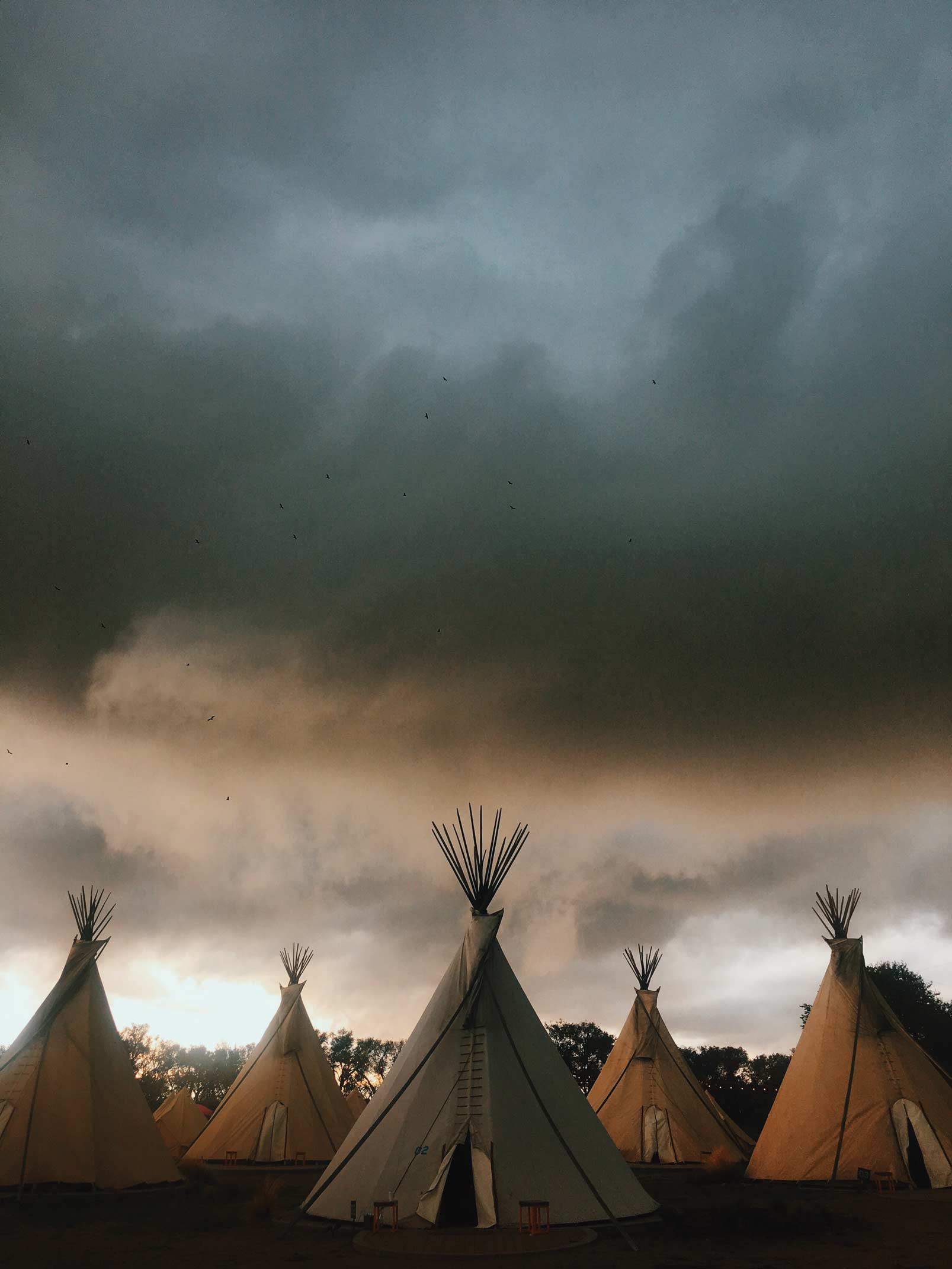 Clouds over the teepees at El Cosmico in Marfa