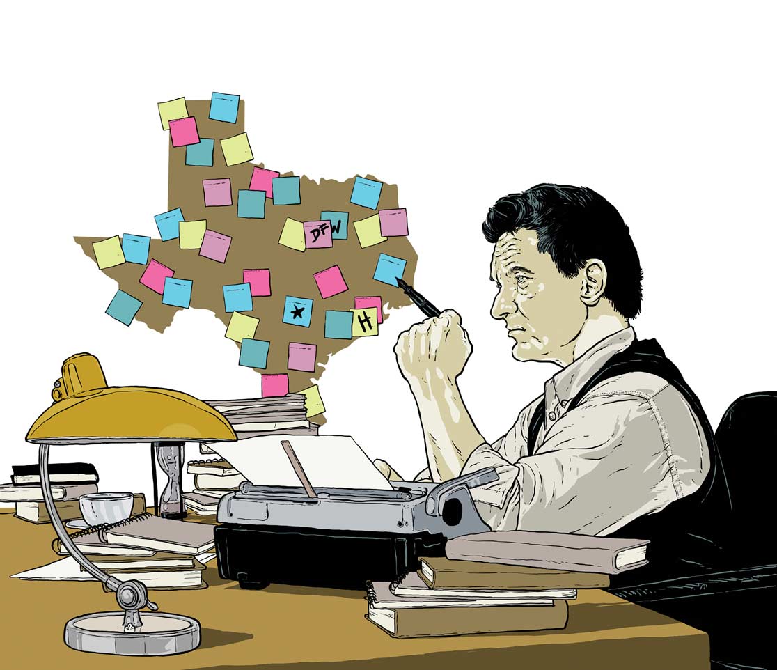 Illustration of Lawrence Wright at his dest with a typewriter and map of Texas