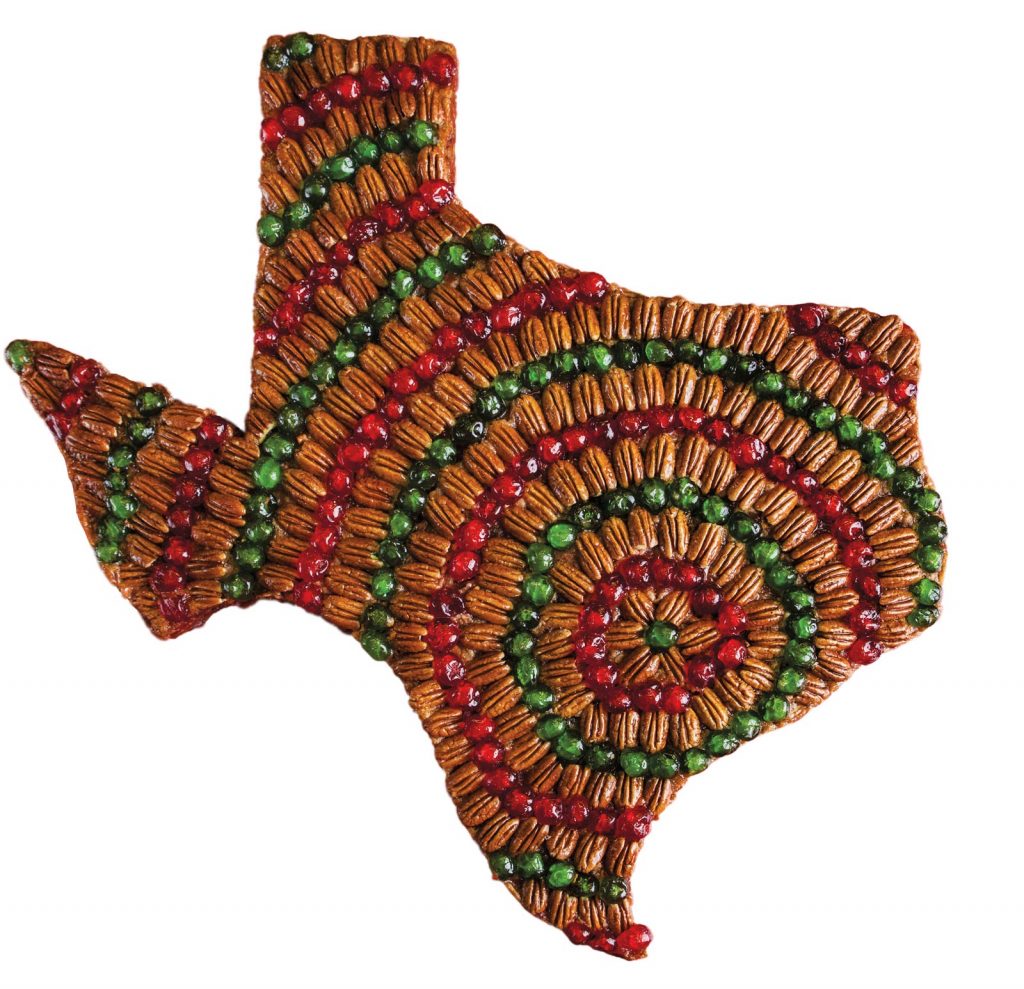 A fruitcake in the shape of the state of Texas