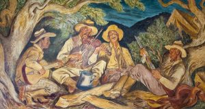 Vintage Mural in Hamilton Post Office Depicts Texas Rangers Singing in Camp