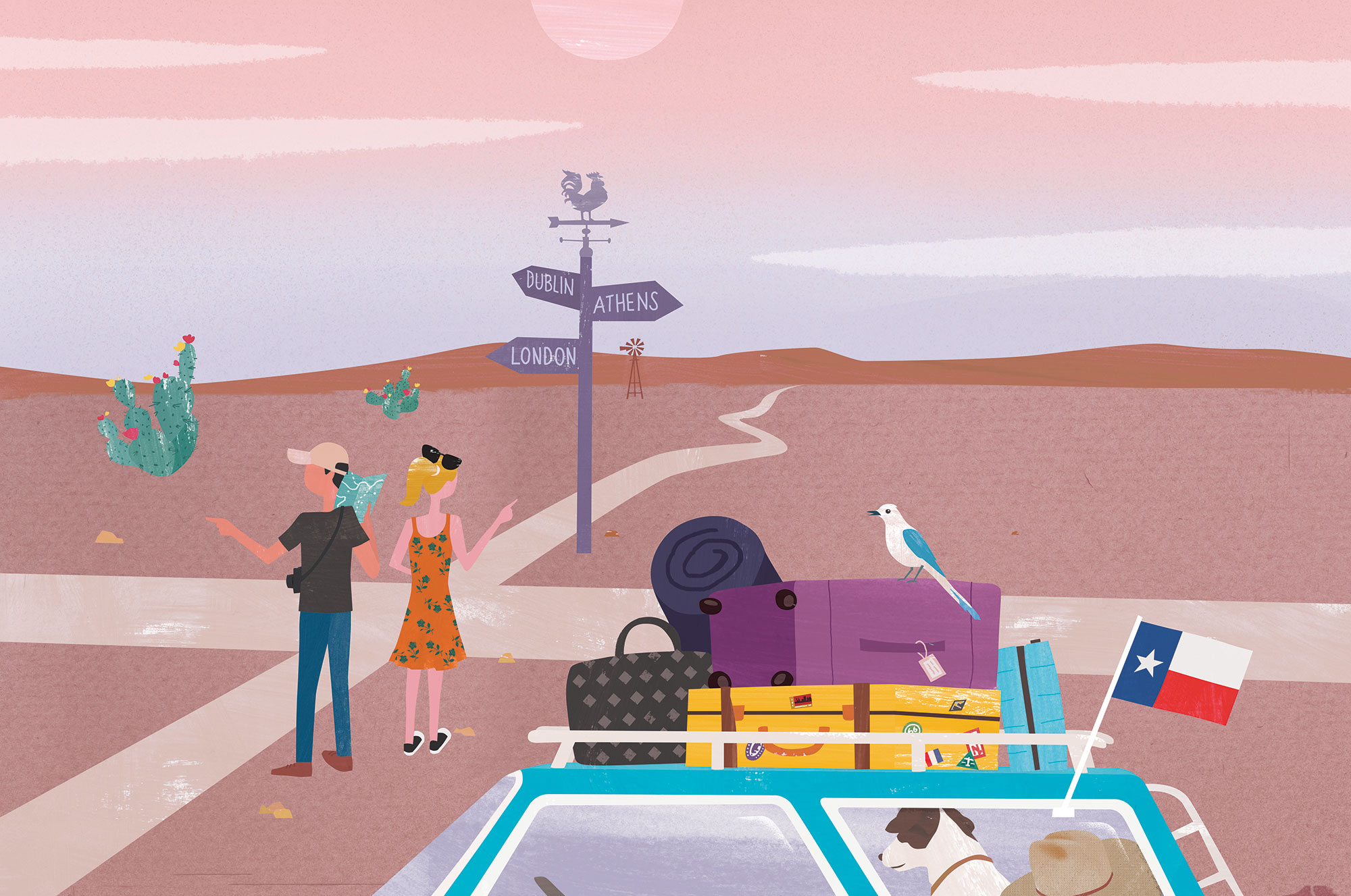 An illustration of a man and a woman at a crossroads trying to figure out where to go
