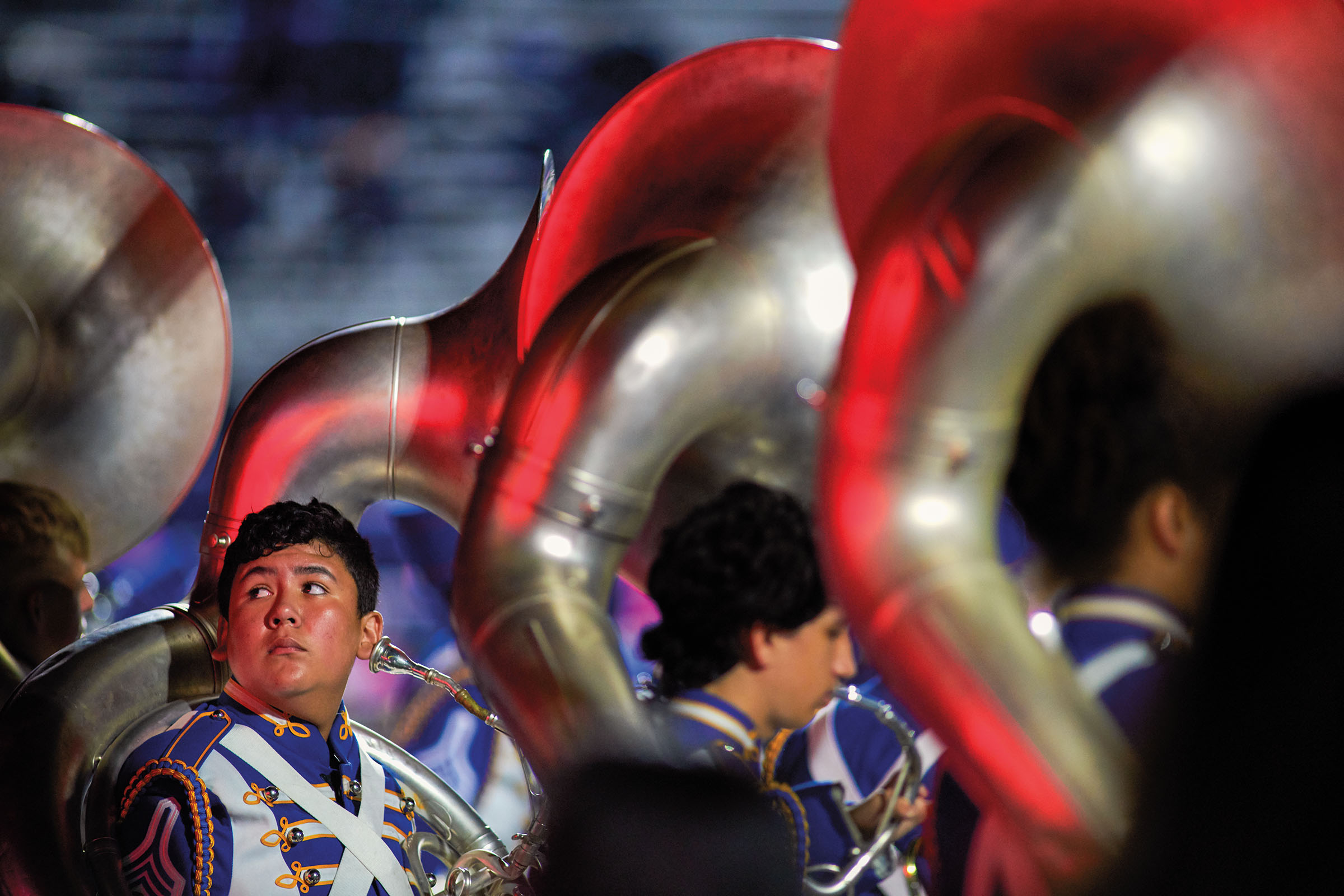 A tuba player in the Jacksonville High School band