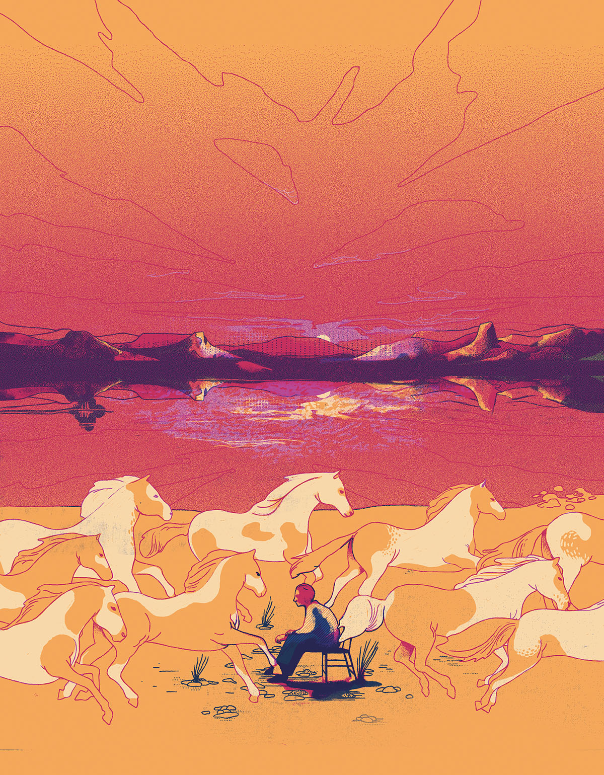 An illustration of a group of horses on a sunset scene
