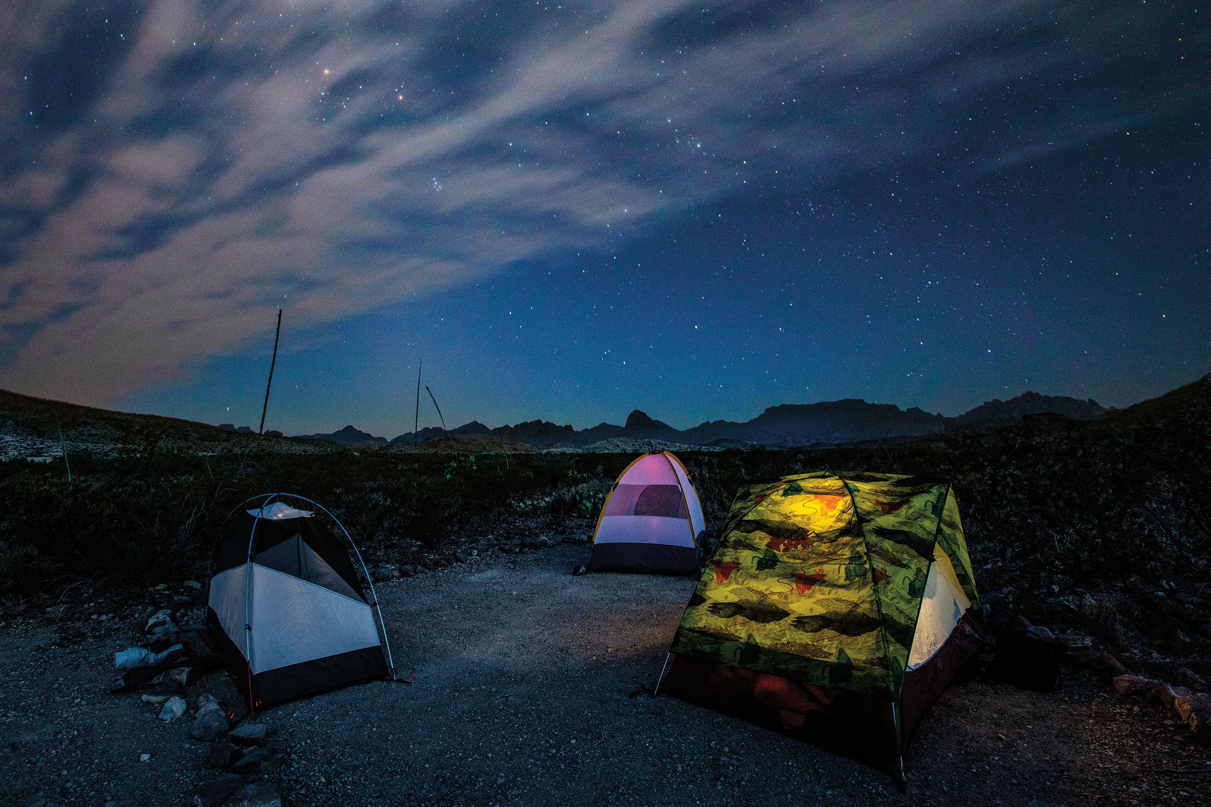A picture of tents under the night sky at Fresno Camp in Big Bend National Park