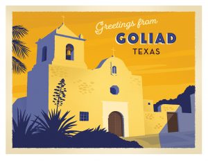 An illustrated postcard of Goliad Texas showing Presidio La Bahía