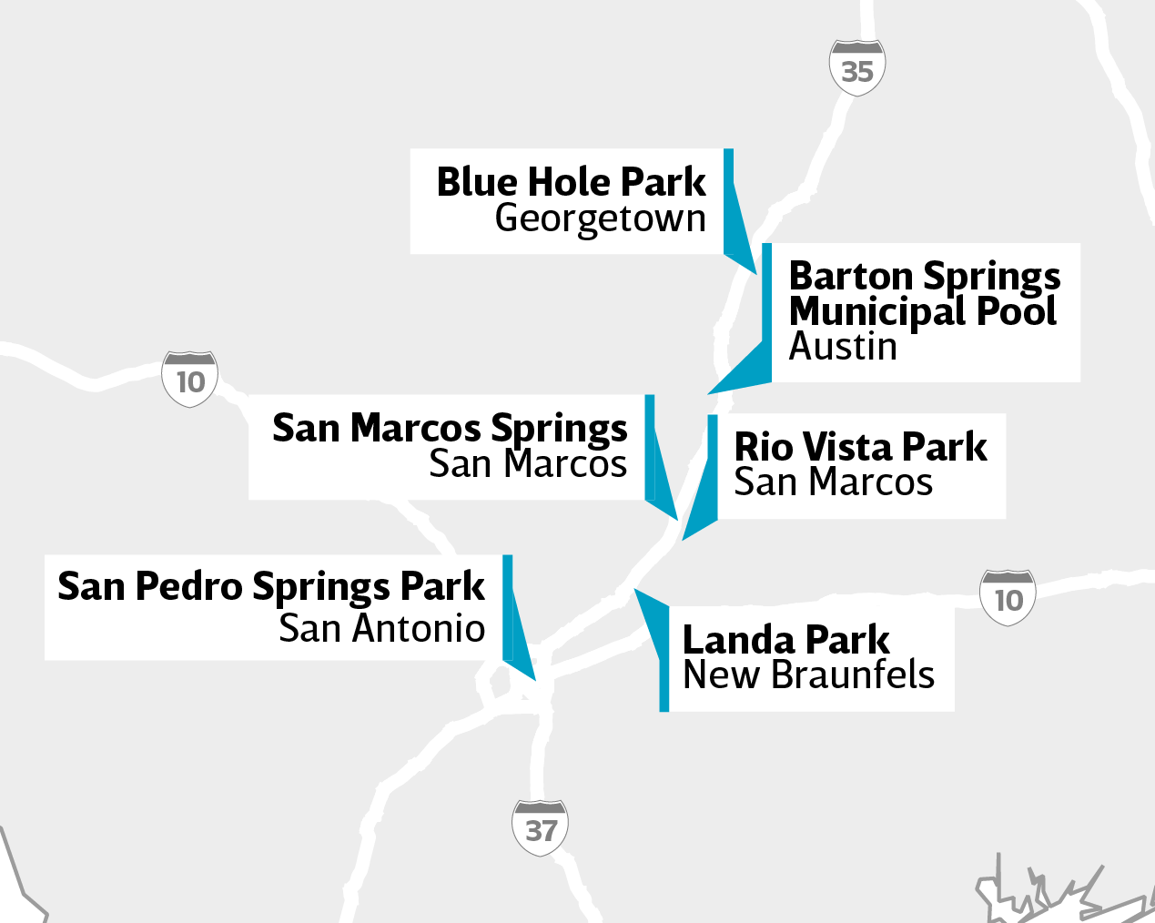 A map of six spring-fed swimming holes in the Texas Hill Country
