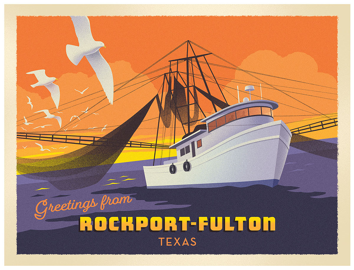 An illustration of a boat on a postcard reading "Greetings from Rockport+Fulton"