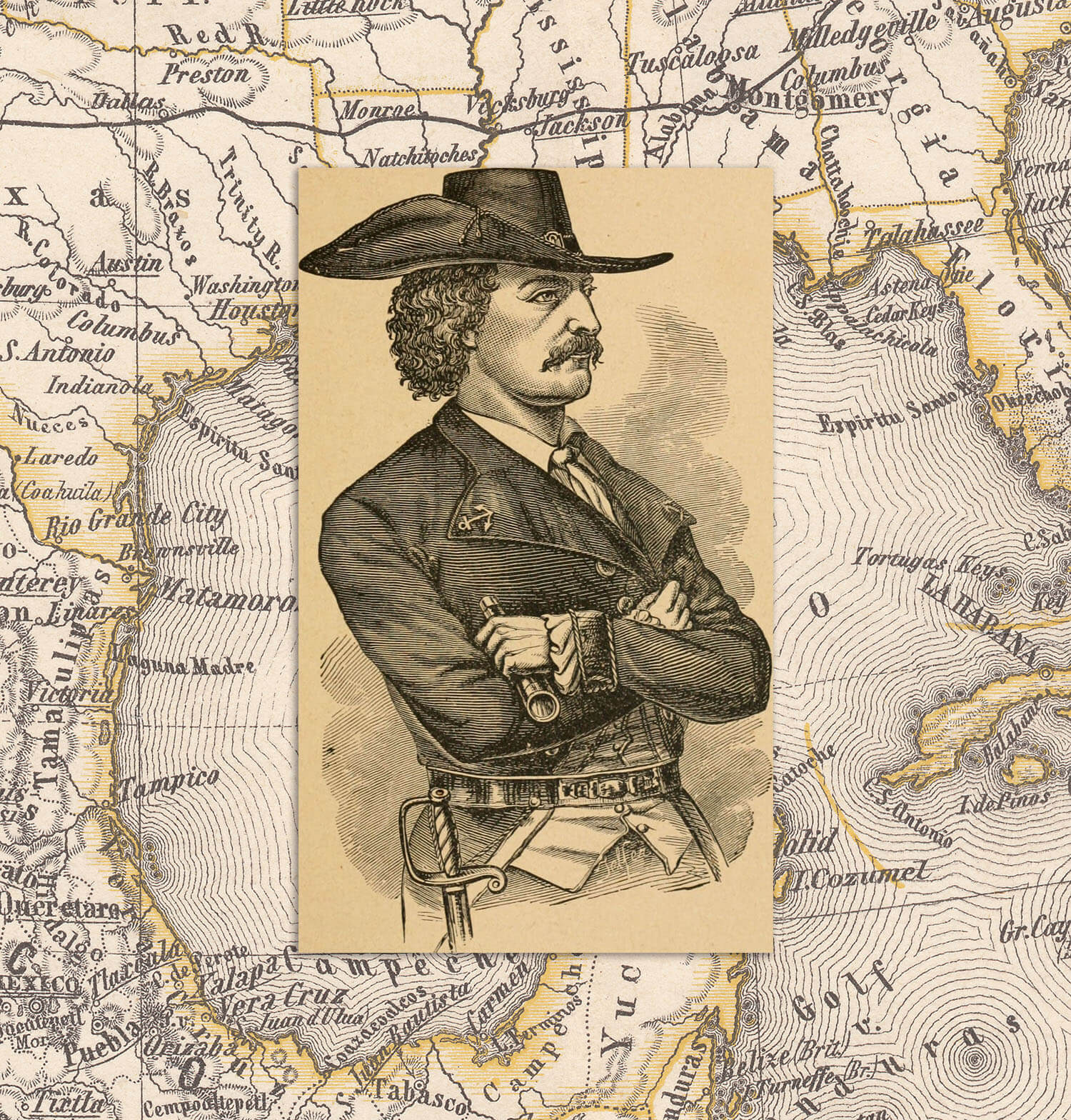 An illustration of pirate Jean Lafitte overlayed on a map of the Gulf of Mexico