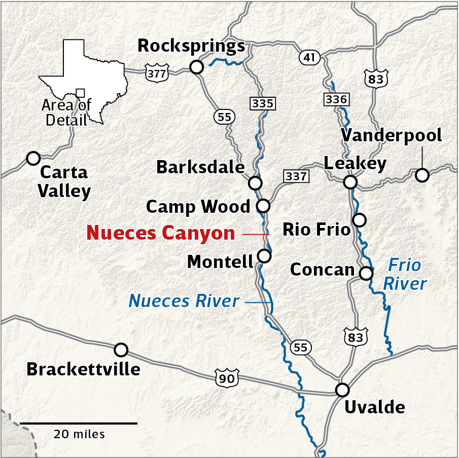 A map showing the roads and towns around the Nueces River in Texas