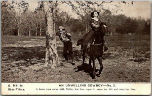 Francis Ford ropes Edith Storey on a horse. The postcard reads "An Unwilling Cowboy: A horse runs away with Nellie, but Jim ropes it, saves her life and wins her love."