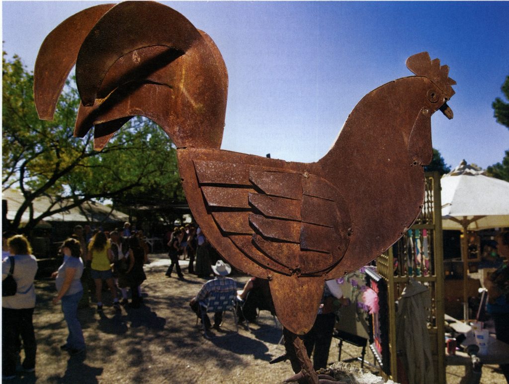 A rooster statue at San Angelo's Chicken Farm Art Center