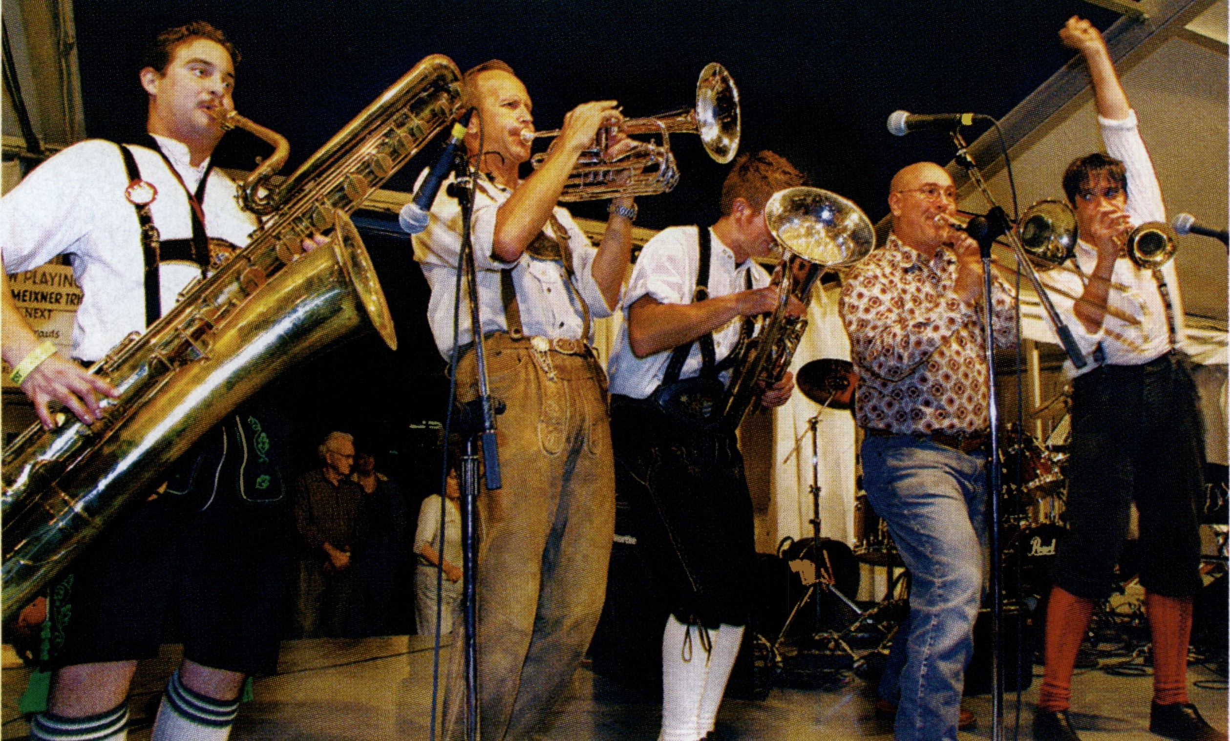 Alex Meixner (far right) and members of Meixner Music often invite local musicians, including Sauerkrauts bandleader Gary Trumet (second from left), to perform with them at Wurstfest. (Photo courtesy of Wurstfest)