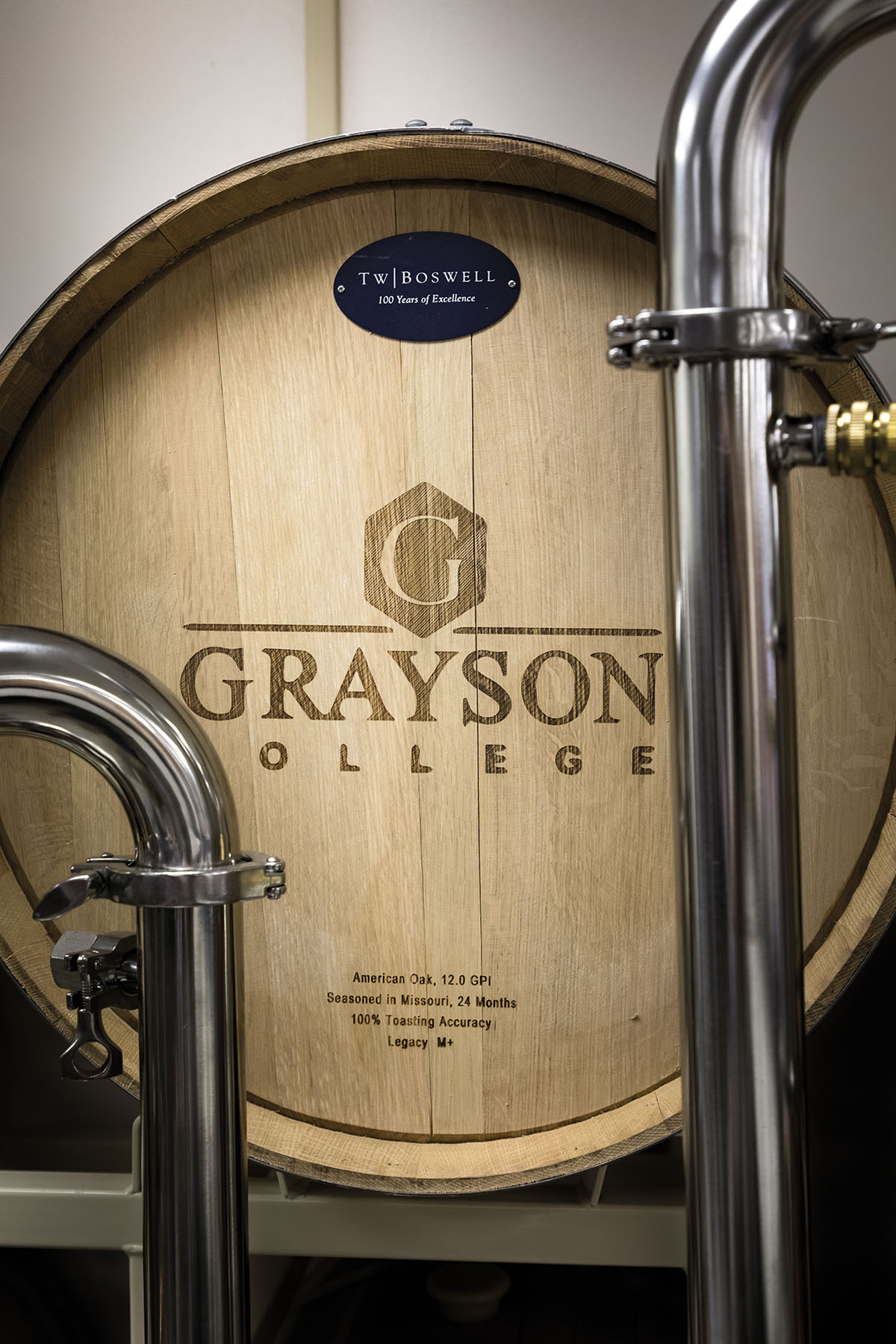 A wine barrel stamped with "Grayson College" at the Grayson College Munson Center