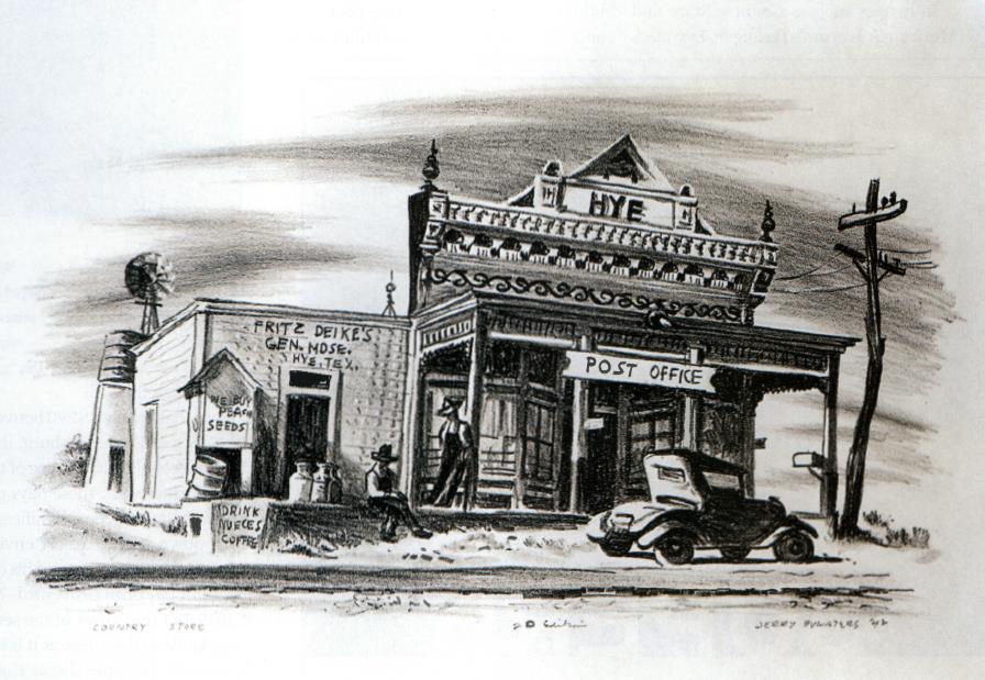 The 1942 lithograph Country Store documents typical Hill Country architecture. The building. located on US 290, is still in use.