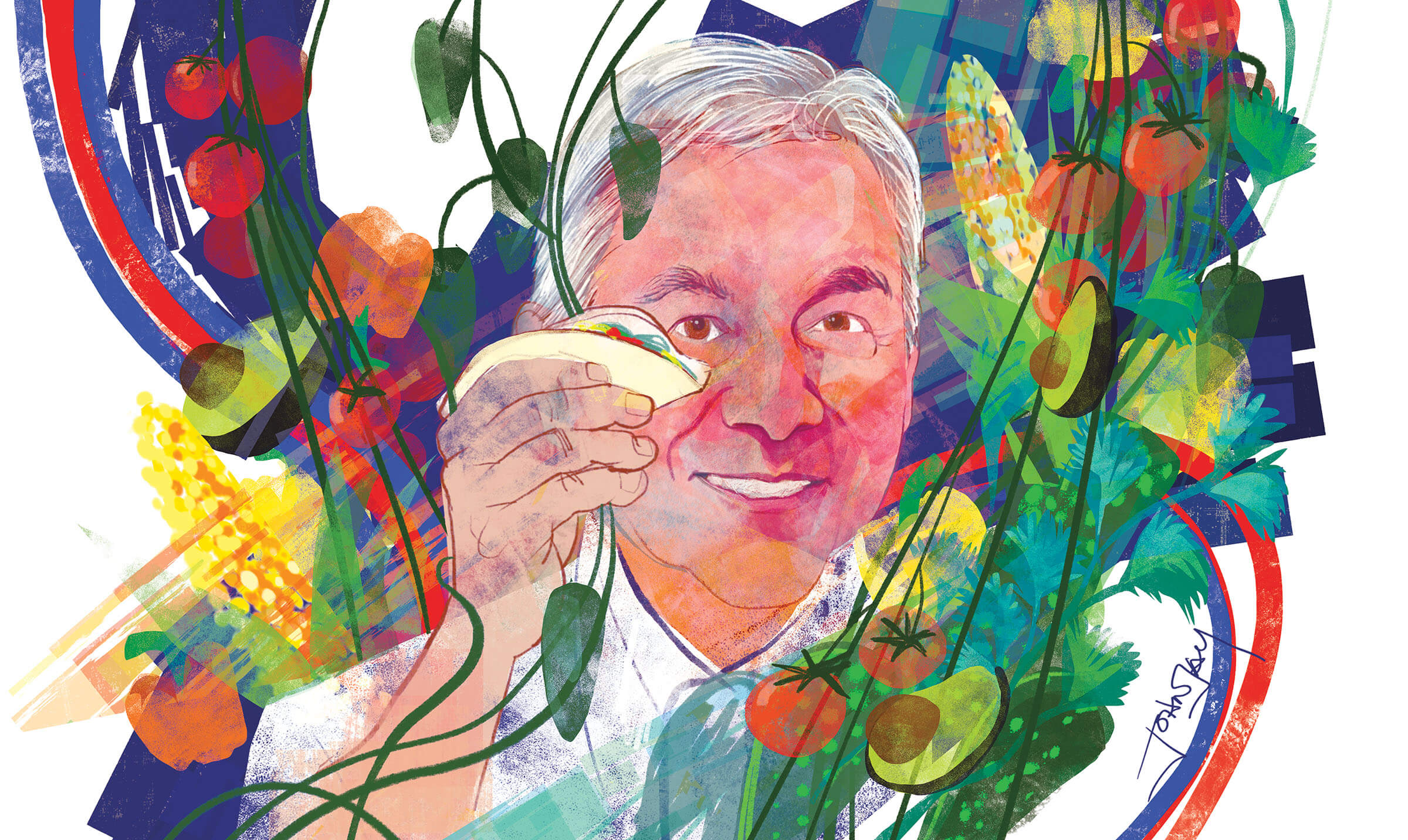 An illustration of AdÃ¡n Medrano holding a taco