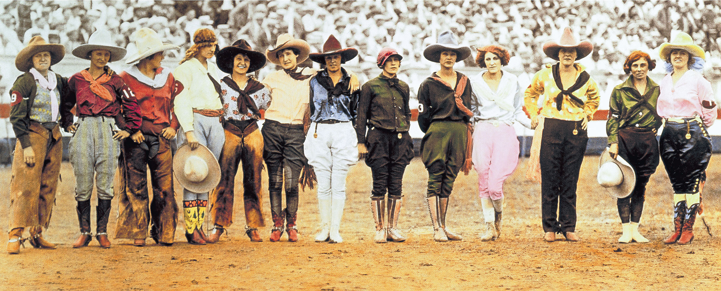 A group of people standing at a rodeo in unique cowboy boots