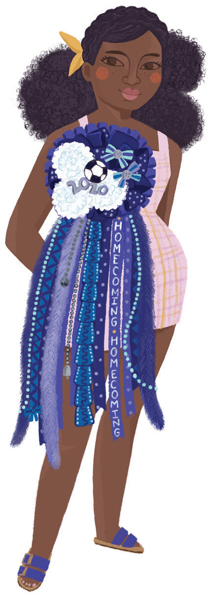An illustration of a young woman wearing a Central and East Texas style mum